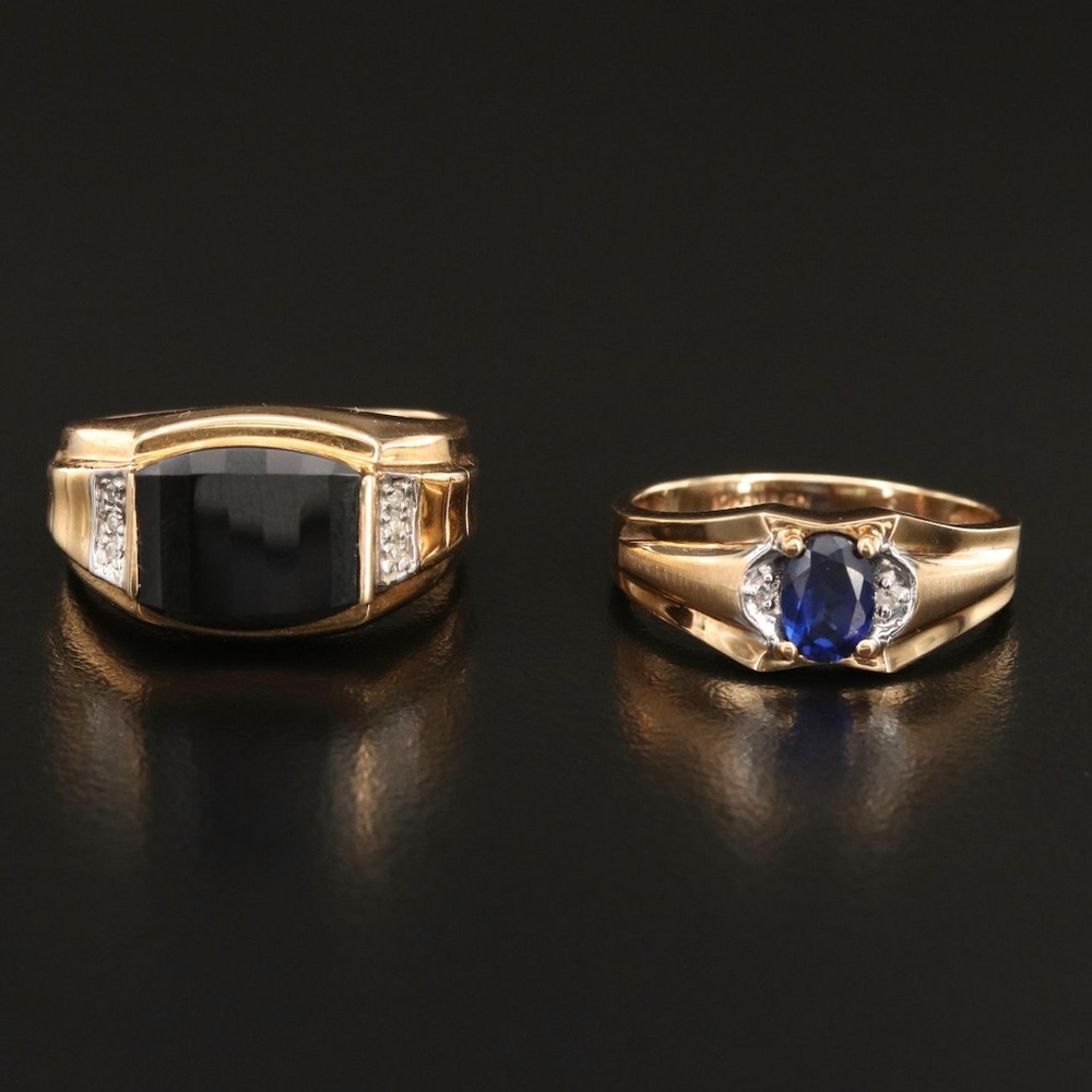 1 DAY SALE!!!!  Set of Two 10k Gold Mens Rings - Onyx and Sapphire